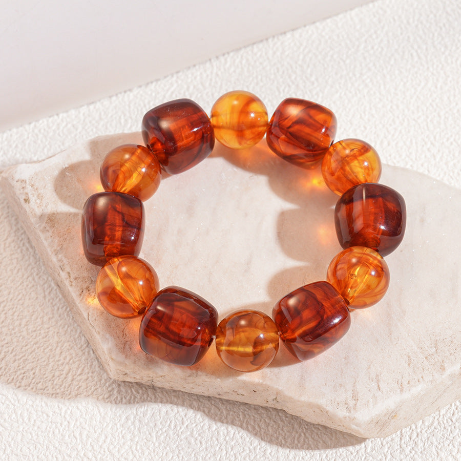 Chunky Marbled Beaded Bracelet With Retro Cube Beads - DarkCoffee