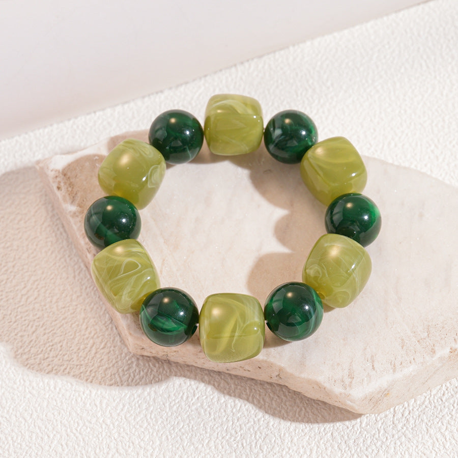 Chunky Marbled Beaded Bracelet With Retro Cube Beads - Green