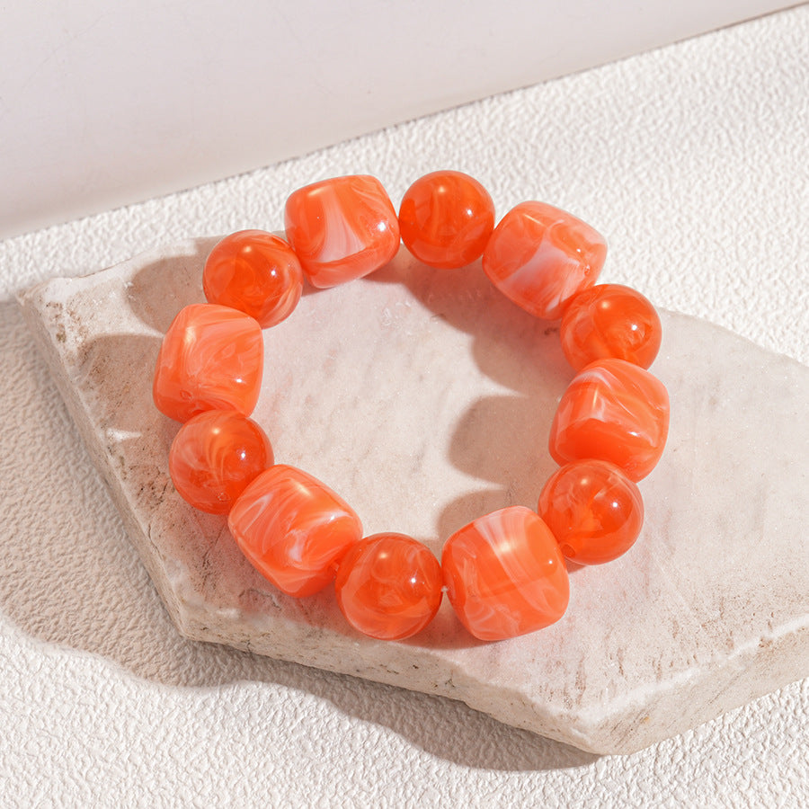 Chunky Marbled Beaded Bracelet With Retro Cube Beads - Orange
