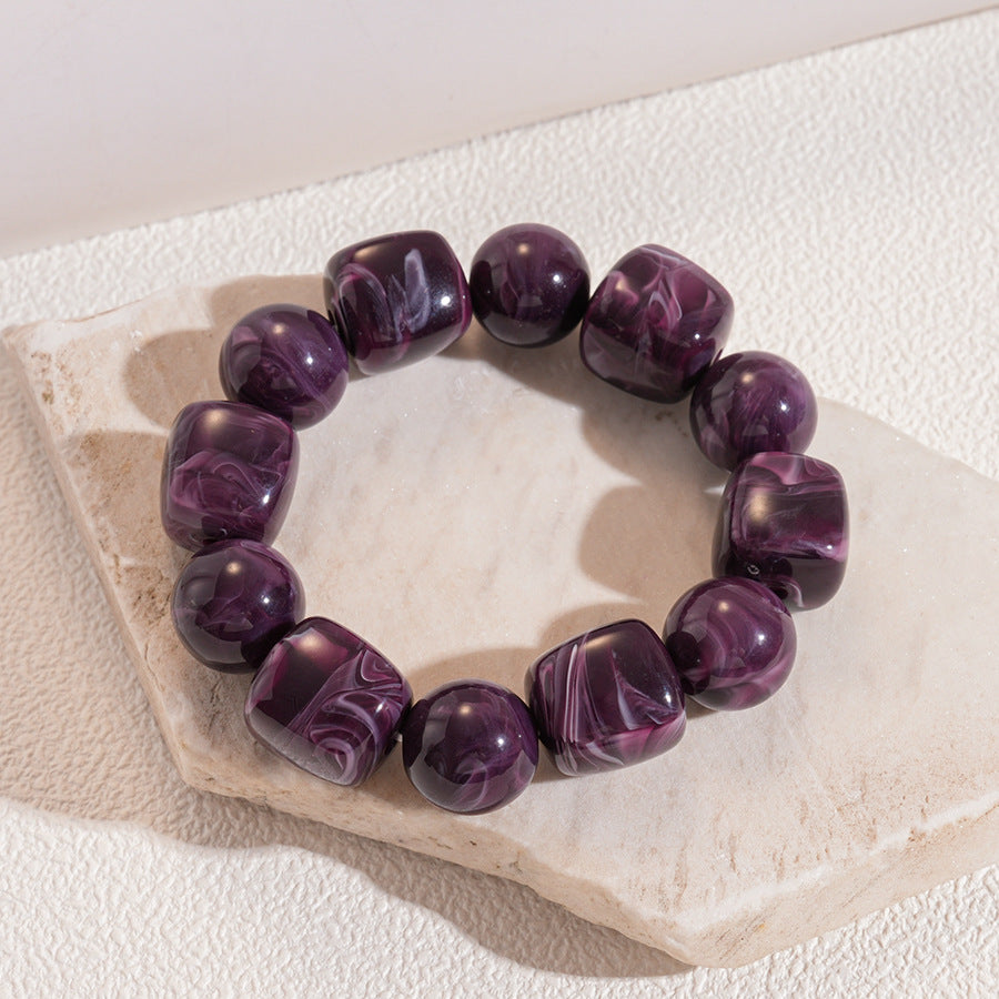 Chunky Marbled Beaded Bracelet With Retro Cube Beads - Purple