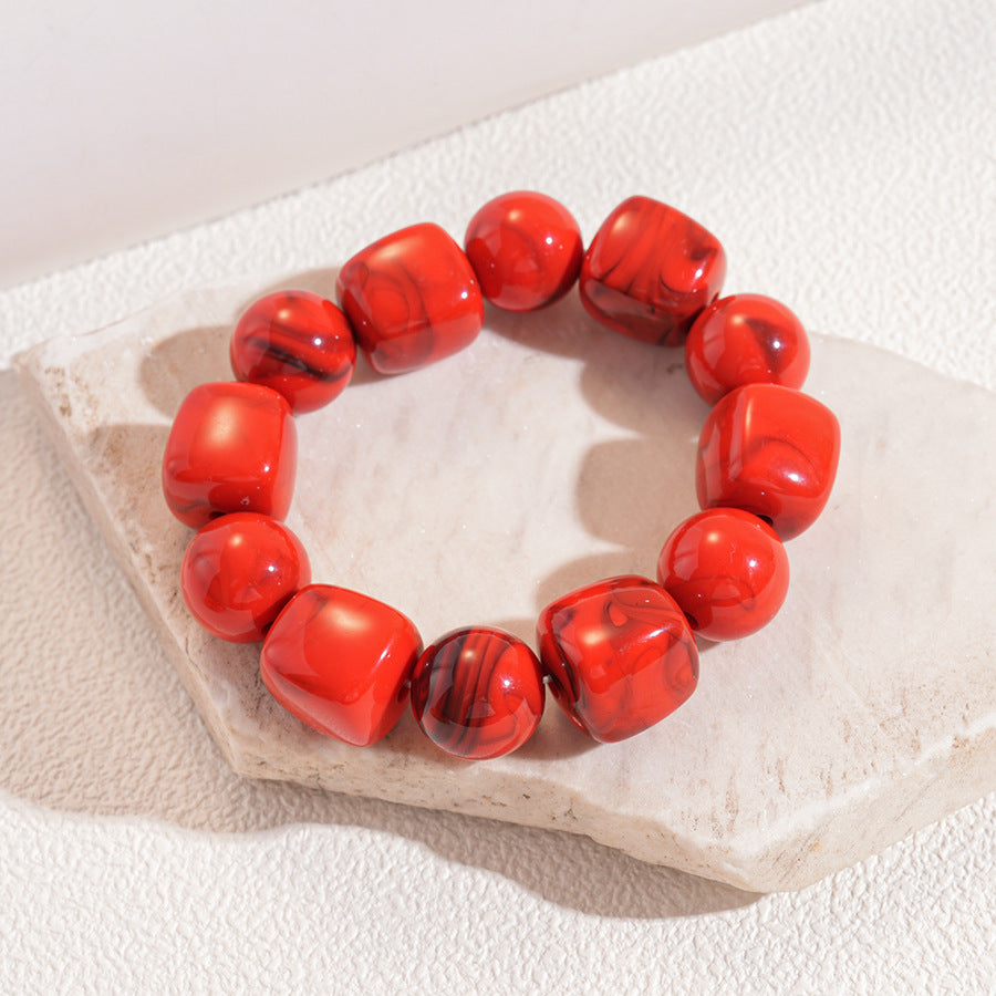 Chunky Marbled Beaded Bracelet With Retro Cube Beads - Red