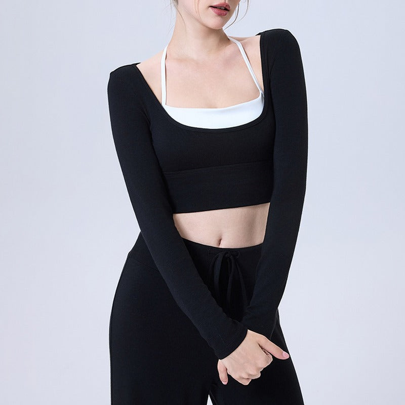 Plush Knit Layered Halter Long Sleeve Yoga Crop Top - Black