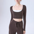 Plush Knit Layered Halter Long Sleeve Yoga Crop Top - Mocha Brown