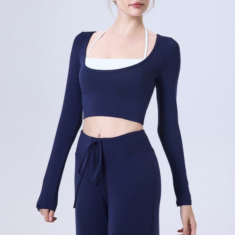 Plush Knit Layered Halter Long Sleeve Yoga Crop Top - Navy