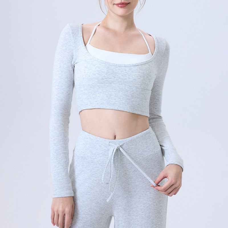 Plush Knit Layered Halter Long Sleeve Yoga Crop Top