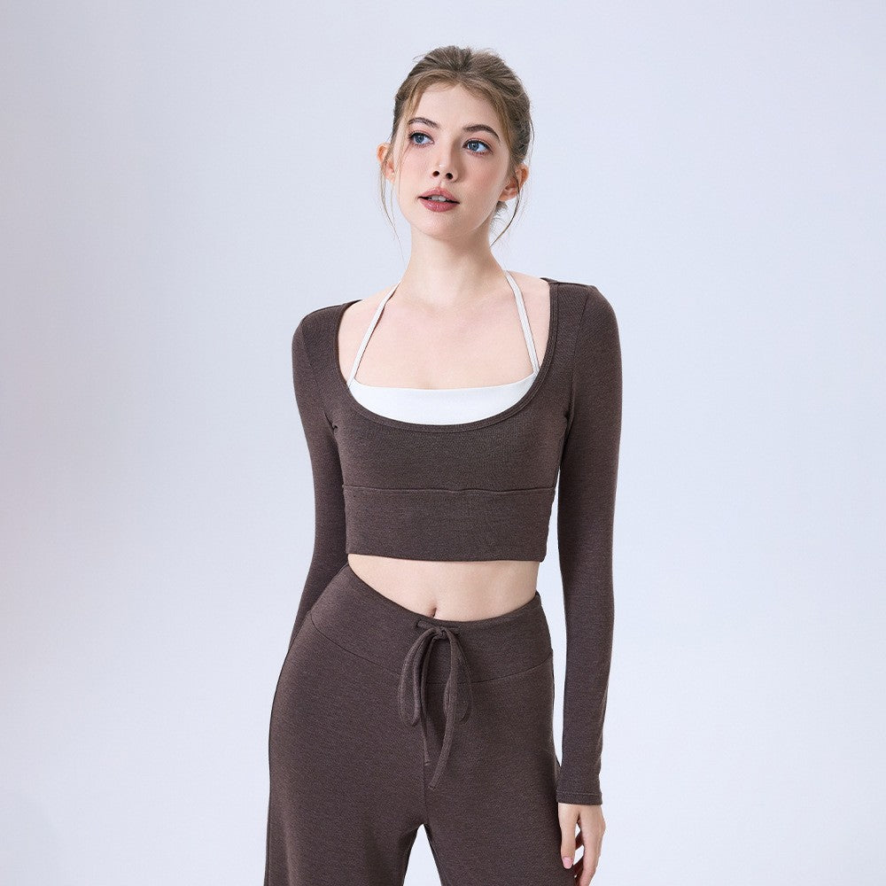 Plush Knit Layered Halter Long Sleeve Yoga Crop Top