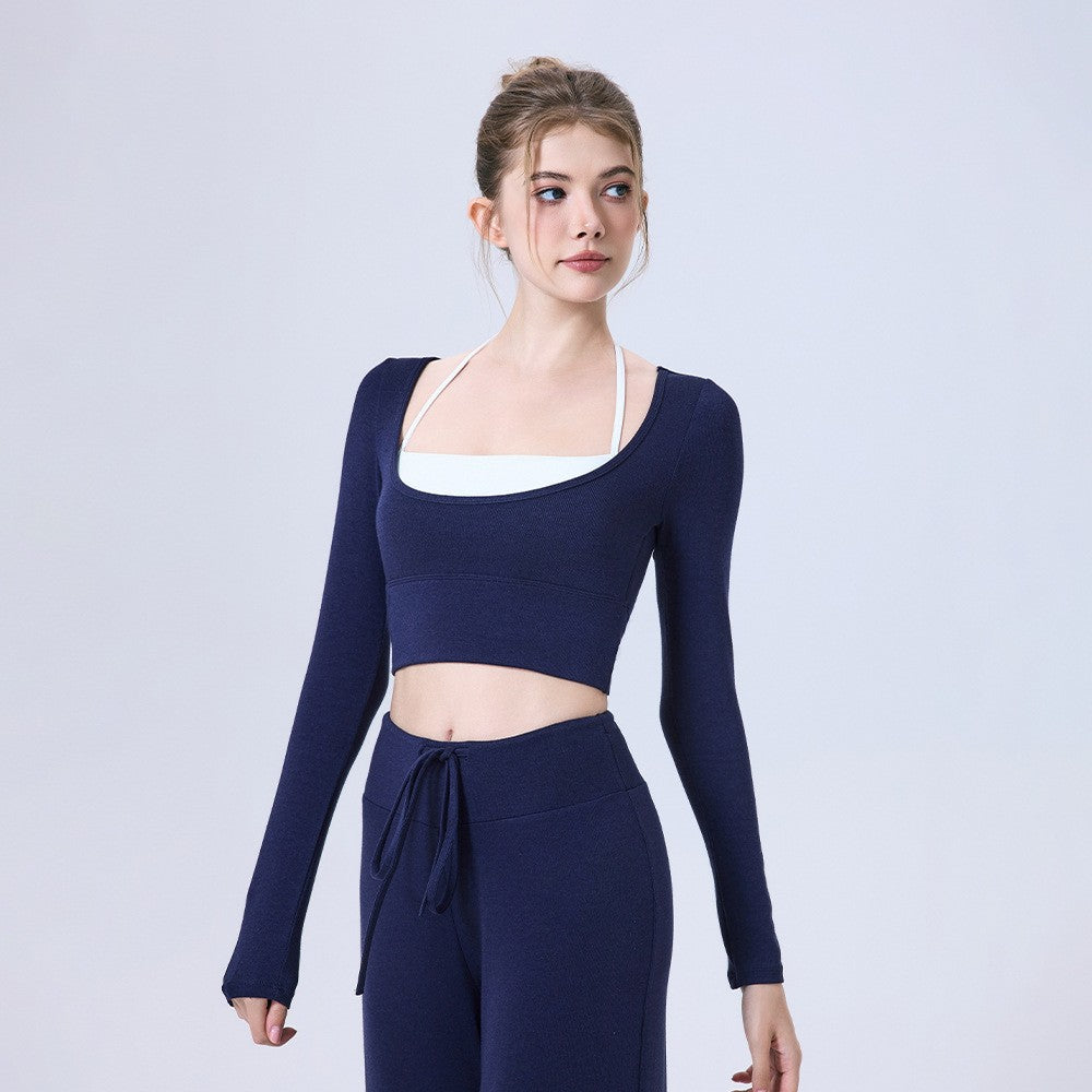 Plush Knit Layered Halter Long Sleeve Yoga Crop Top