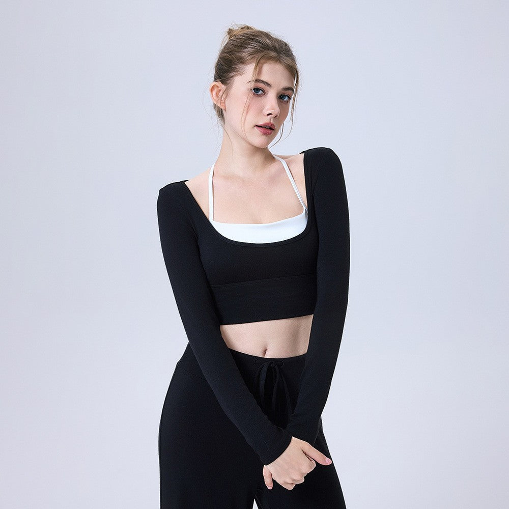 Plush Knit Layered Halter Long Sleeve Yoga Crop Top