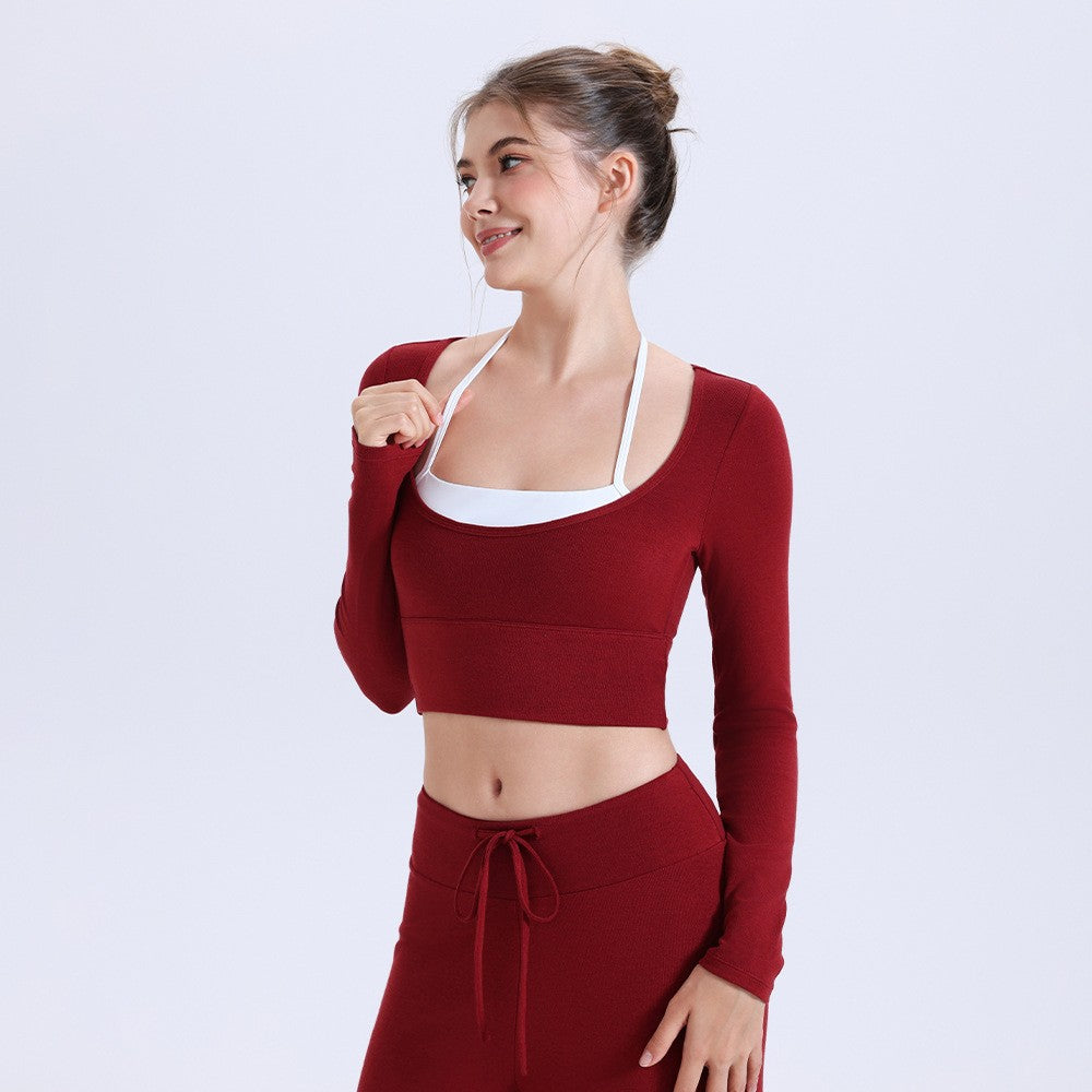 Plush Knit Layered Halter Long Sleeve Yoga Crop Top