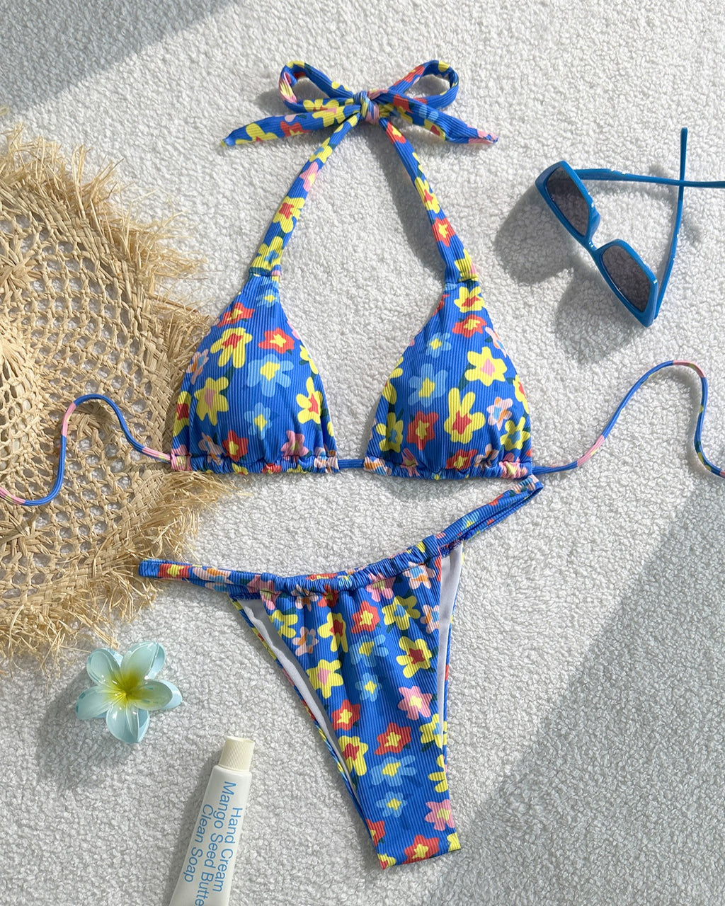 Daisy Print Halter String Bikini Set - Blue