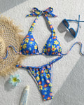Daisy Print Halter String Bikini Set - Blue