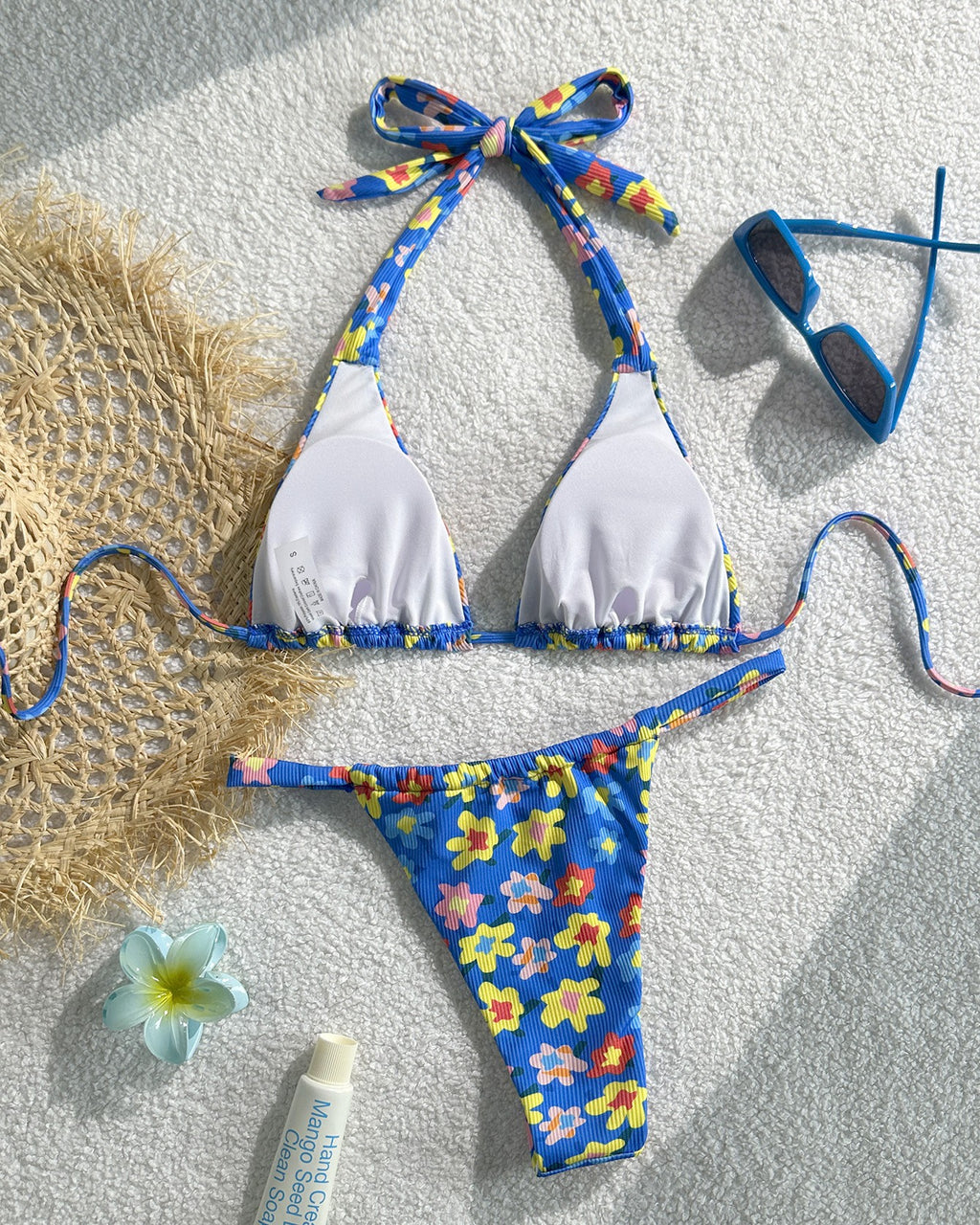 Daisy Print Halter String Bikini Set - Blue - 3