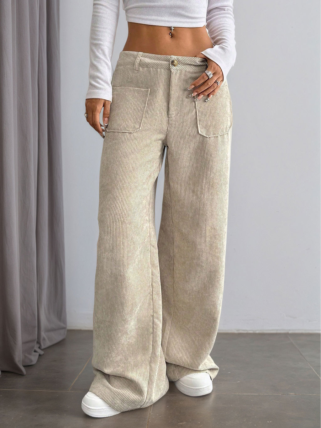 Patch Pocket Corduroy Wide Leg Trousers - Apricot