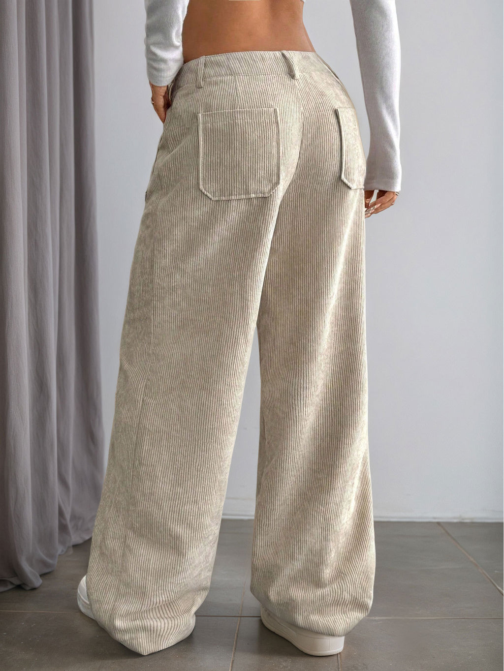 Patch Pocket Corduroy Wide Leg Trousers - Apricot - 1