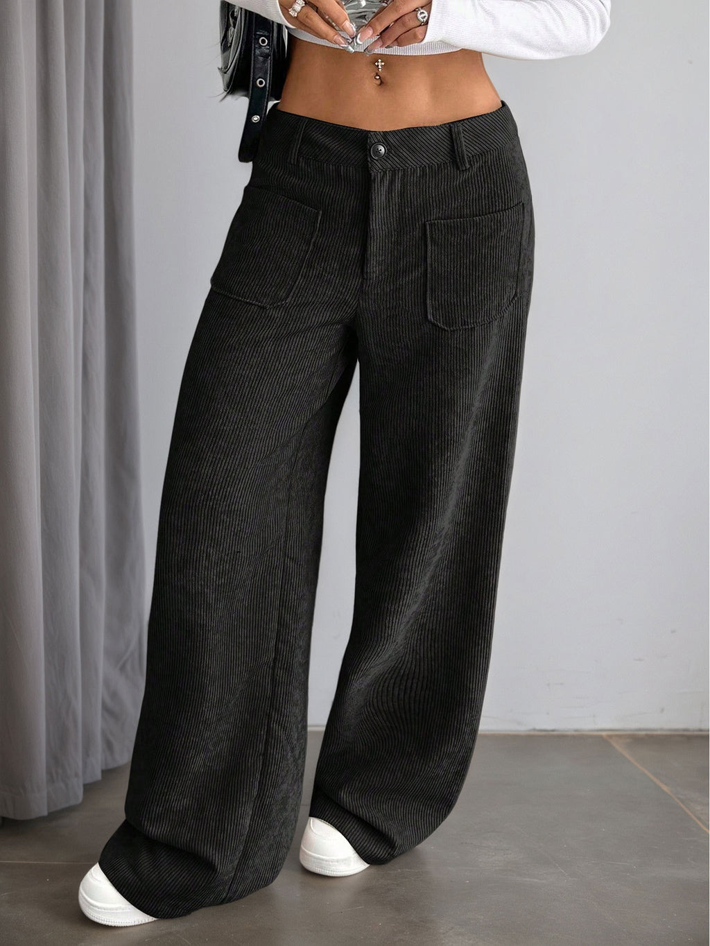 Patch Pocket Corduroy Wide Leg Trousers - Black