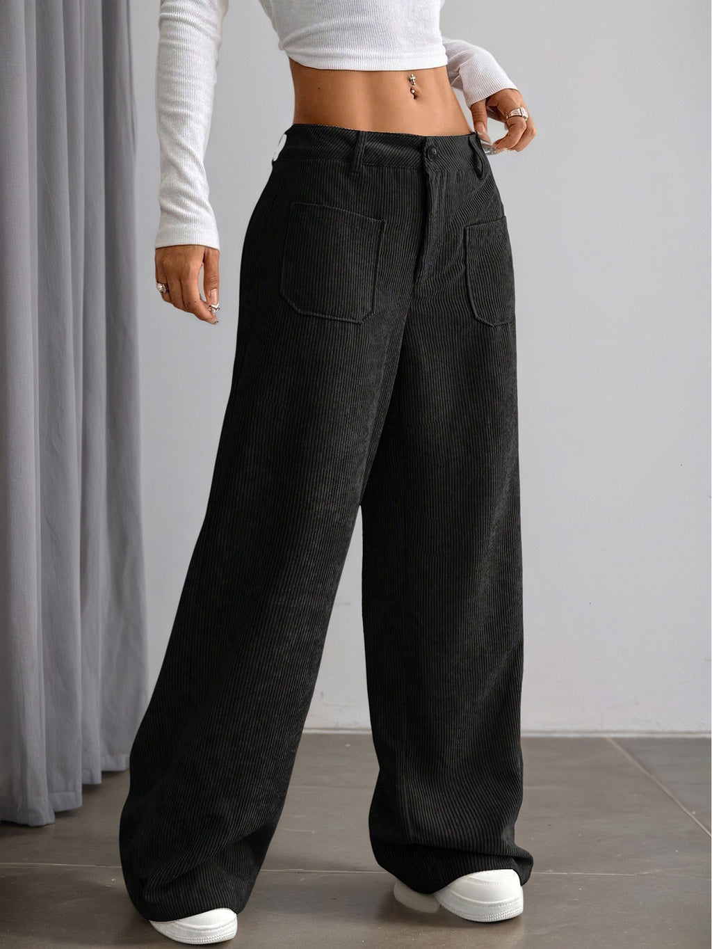 Patch Pocket Corduroy Wide Leg Trousers - Black - 1