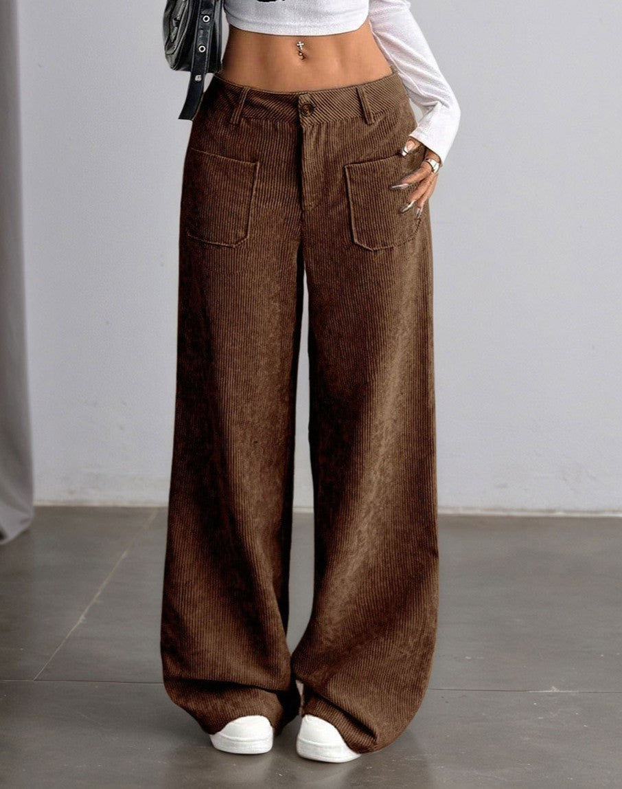 Patch Pocket Corduroy Wide Leg Trousers - Brown