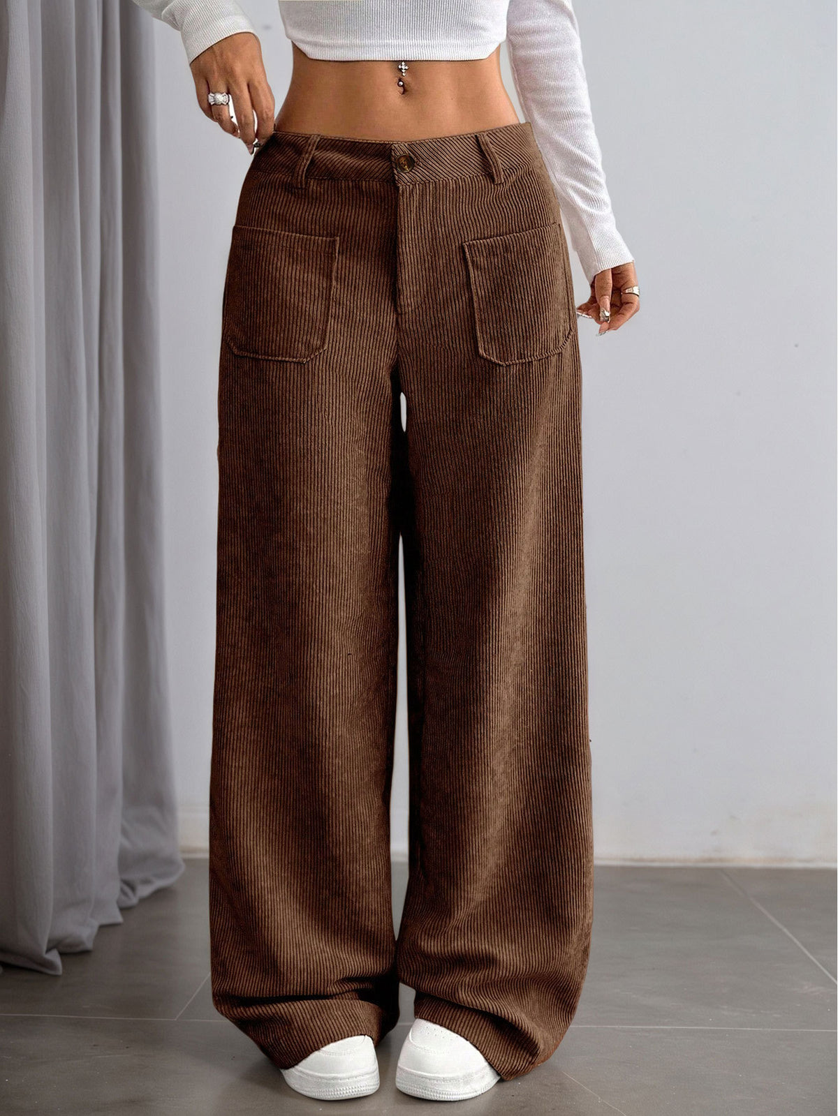 Patch Pocket Corduroy Wide Leg Trousers - Brown - 1