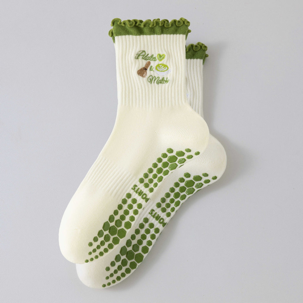 Matcha Ruffle Cuff Grip Crew Socks - Matcha