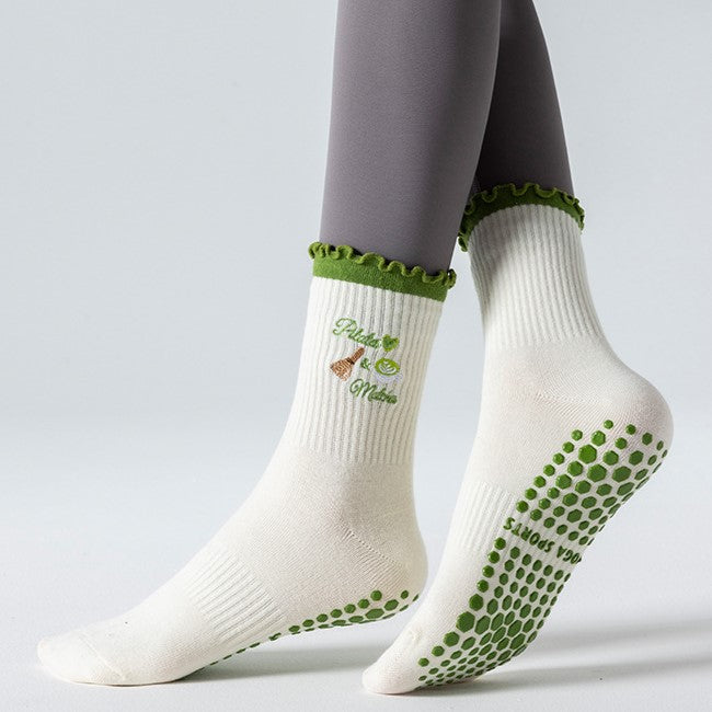 Matcha Ruffle Cuff Grip Crew Socks - Matcha - 4