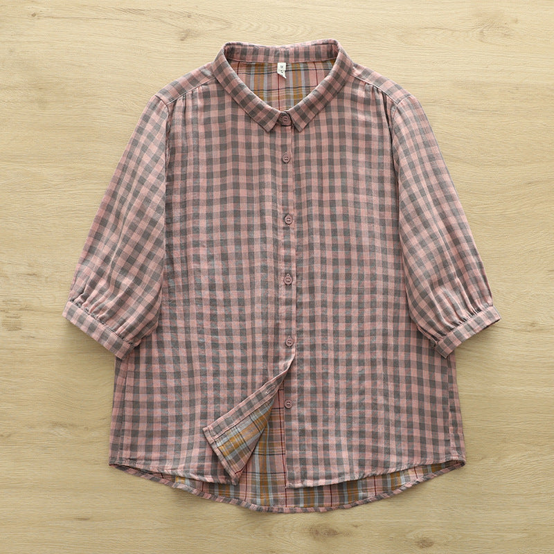 Soft Gingham Cotton Shirt With Puff Sleeves - Pink