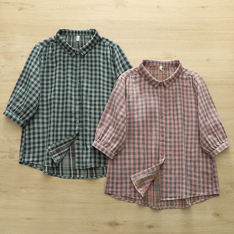 Soft Gingham Cotton Shirt With Puff Sleeves - Pink - 12