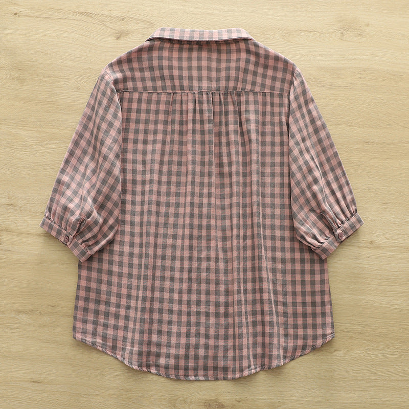 Soft Gingham Cotton Shirt With Puff Sleeves - Pink - 1