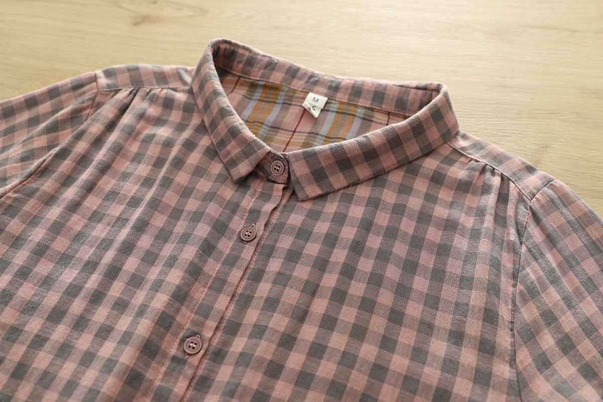 Soft Gingham Cotton Shirt With Puff Sleeves - Pink - 2