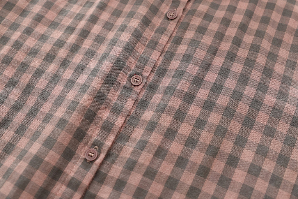 Soft Gingham Cotton Shirt With Puff Sleeves - Pink - 4