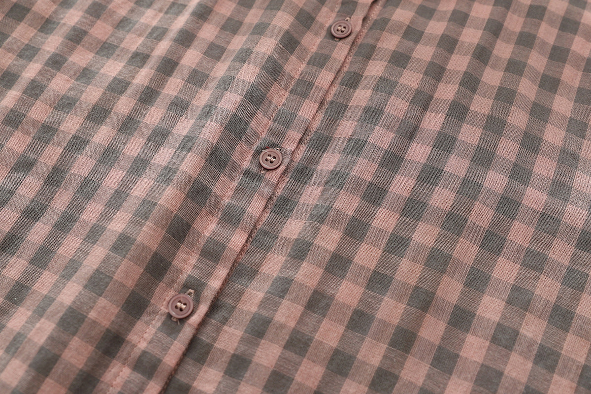 Soft Gingham Cotton Shirt With Puff Sleeves - Pink - 4