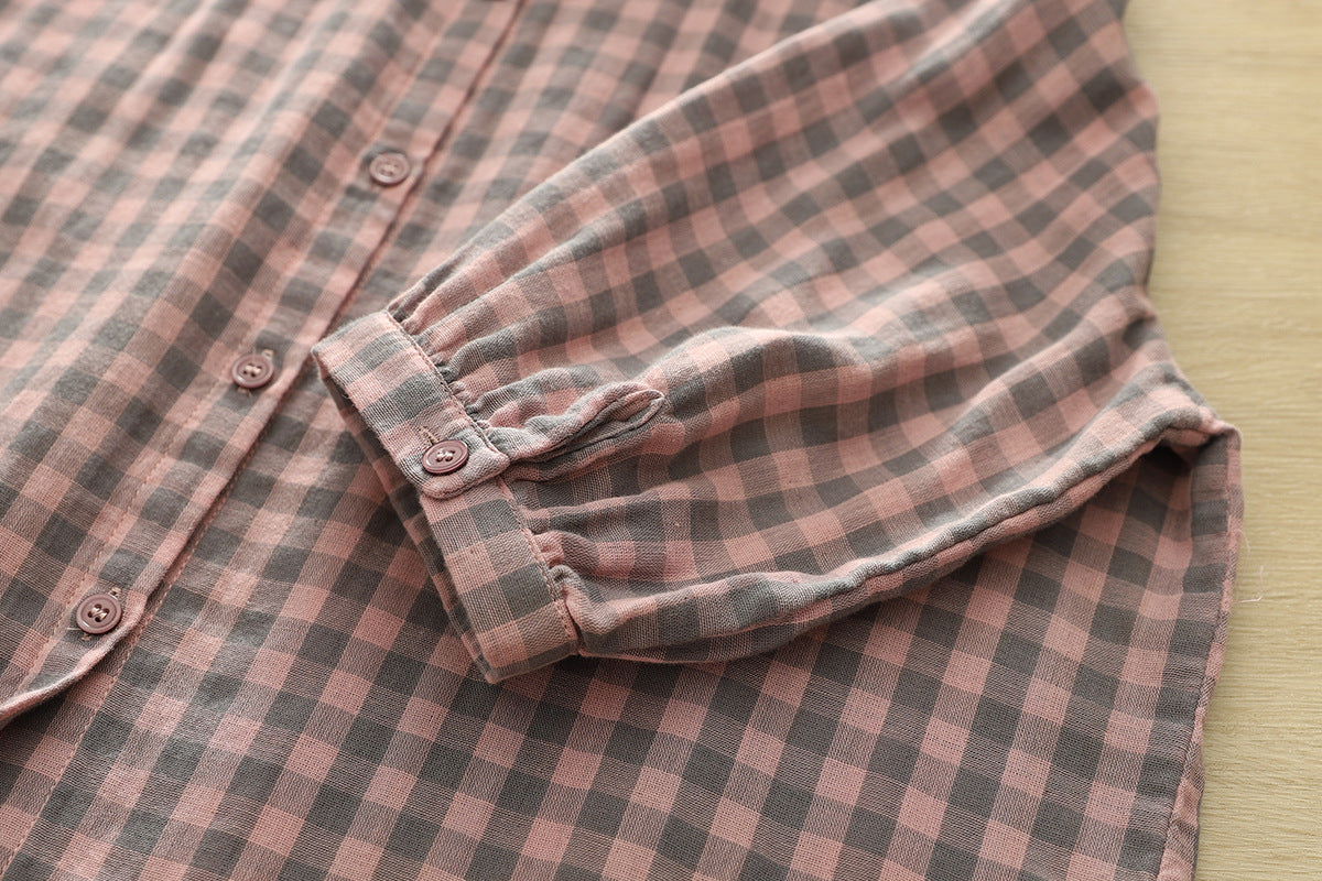 Soft Gingham Cotton Shirt With Puff Sleeves - Pink - 5