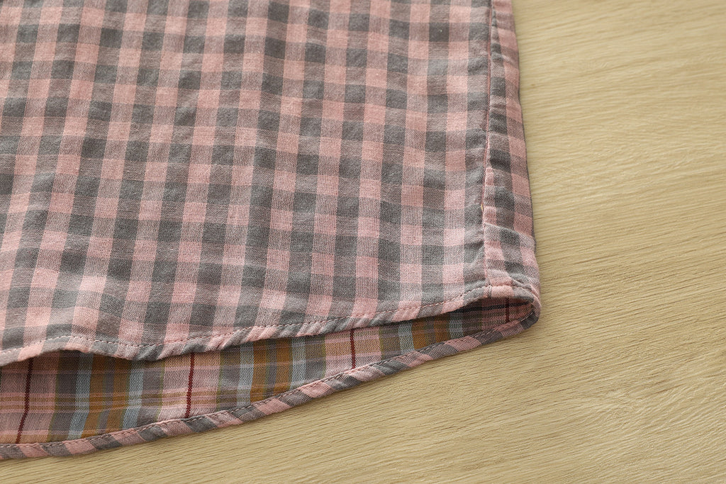 Soft Gingham Cotton Shirt With Puff Sleeves - Pink - 6