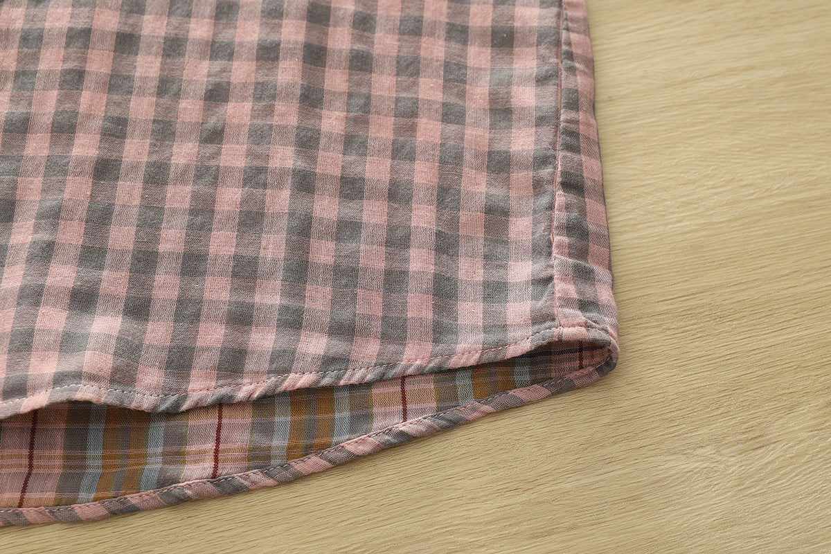 Soft Gingham Cotton Shirt With Puff Sleeves - Pink - 6