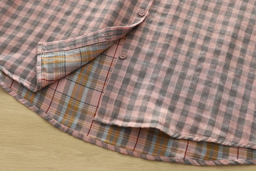 Soft Gingham Cotton Shirt With Puff Sleeves - Pink - 7