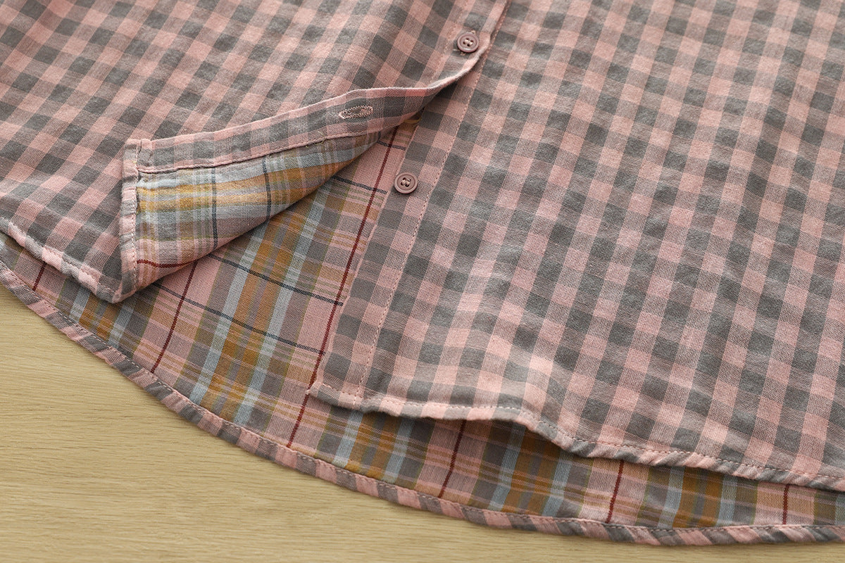 Soft Gingham Cotton Shirt With Puff Sleeves - Pink - 7