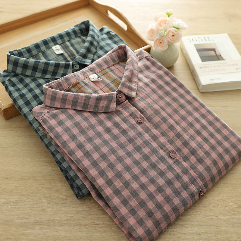 Soft Gingham Cotton Shirt With Puff Sleeves - Pink - 9