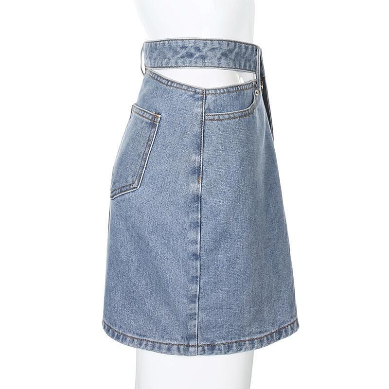 Cut Out Waist High Rise Denim Mini Skirt - Blue