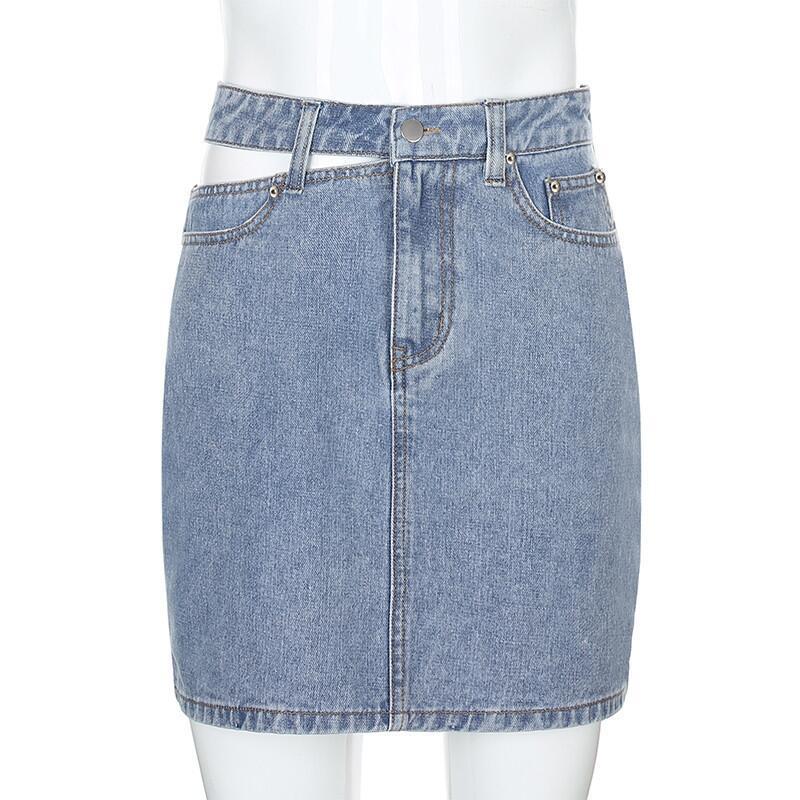 Cut Out Waist High Rise Denim Mini Skirt - Blue - 1