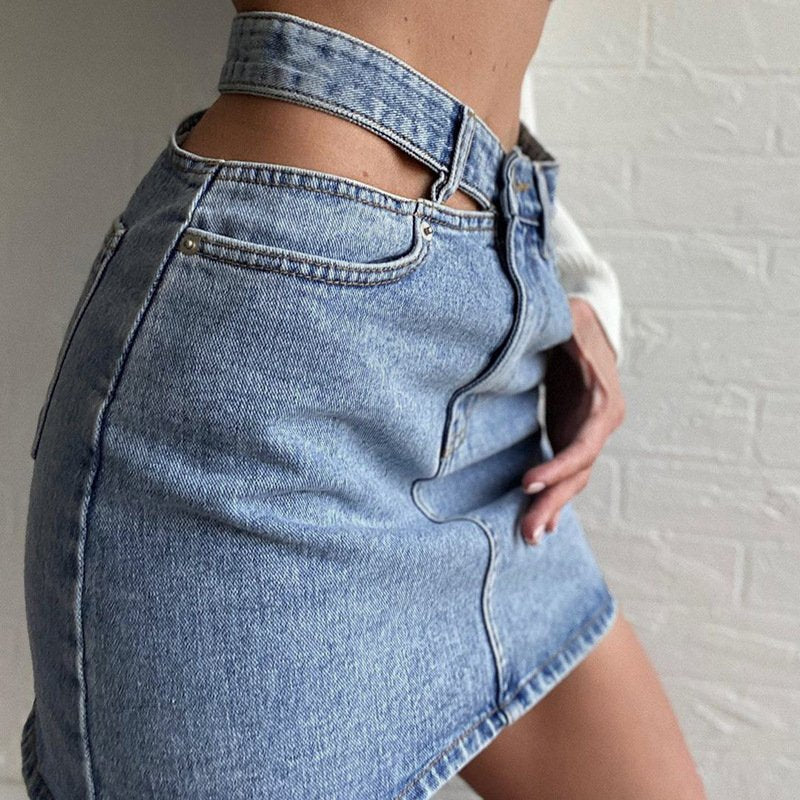 Cut Out Waist High Rise Denim Mini Skirt - Blue - 2