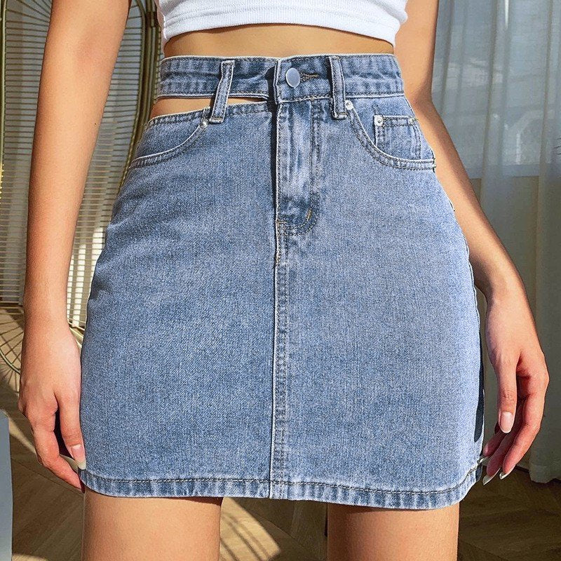 Cut Out Waist High Rise Denim Mini Skirt - Blue - 3