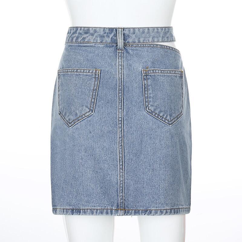 Cut Out Waist High Rise Denim Mini Skirt - Blue - 4