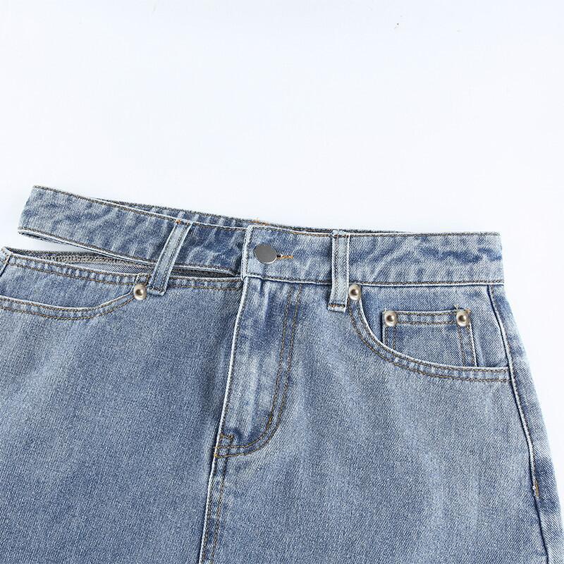 Cut Out Waist High Rise Denim Mini Skirt - Blue - 5