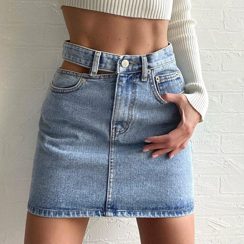 Cut Out Waist High Rise Denim Mini Skirt