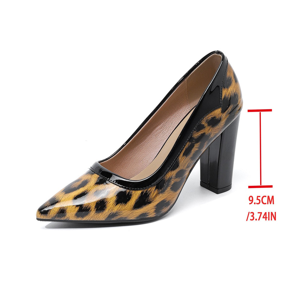 Patent Leopard Pointed Toe Block Heel Pumps - Brown Leopard