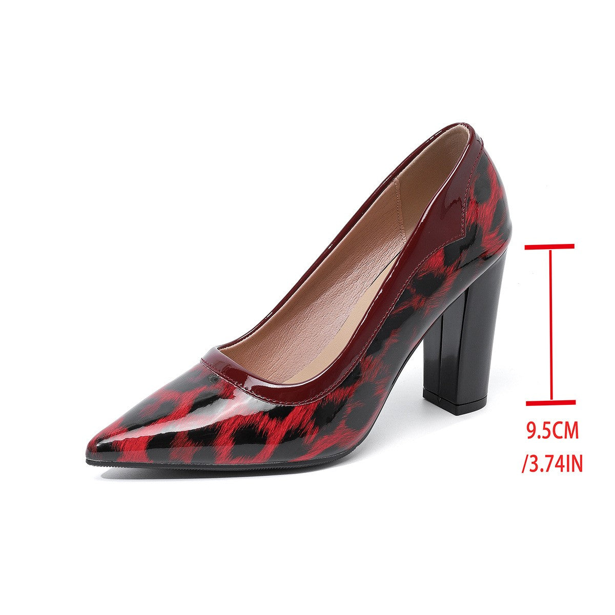 Patent Leopard Pointed Toe Block Heel Pumps - Red Leopard