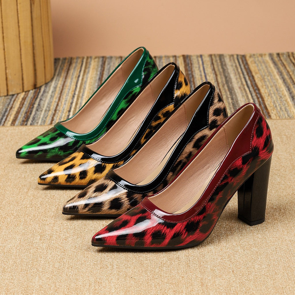 Patent Leopard Pointed Toe Block Heel Pumps