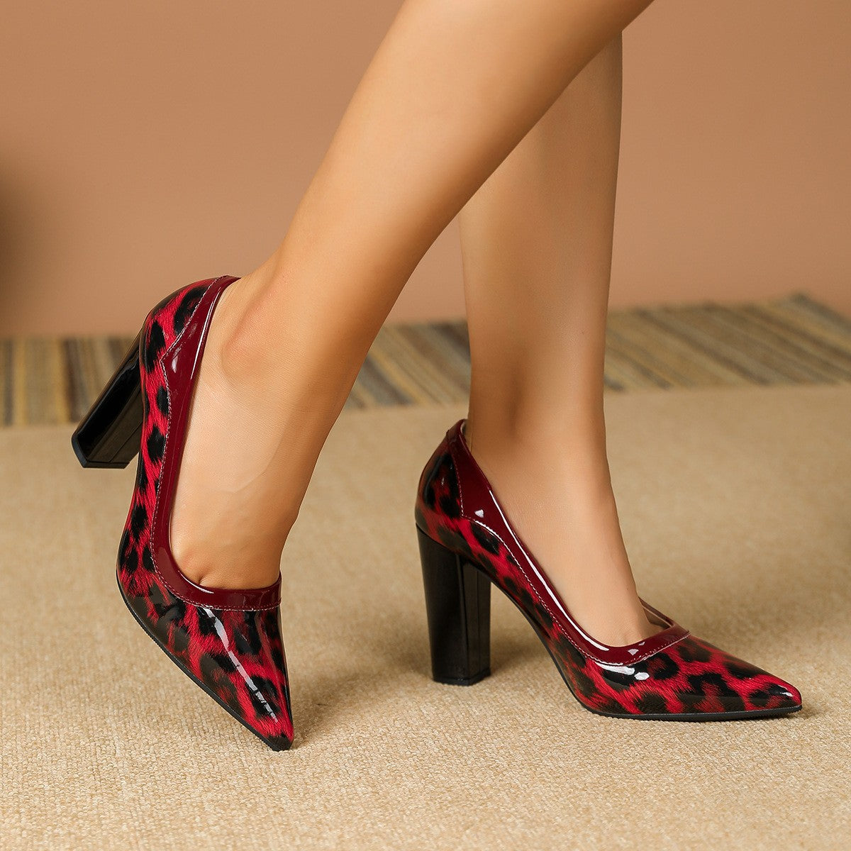 Patent Leopard Pointed Toe Block Heel Pumps