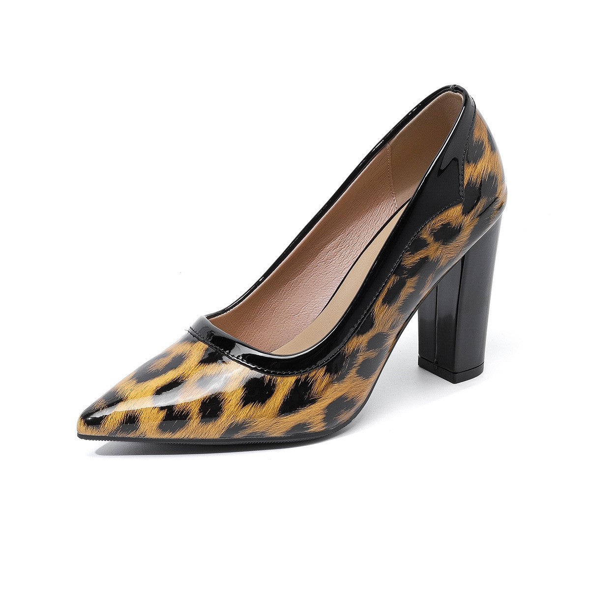 Patent Leopard Pointed Toe Block Heel Pumps