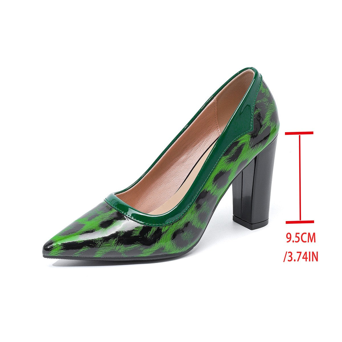 Patent Leopard Pointed Toe Block Heel Pumps