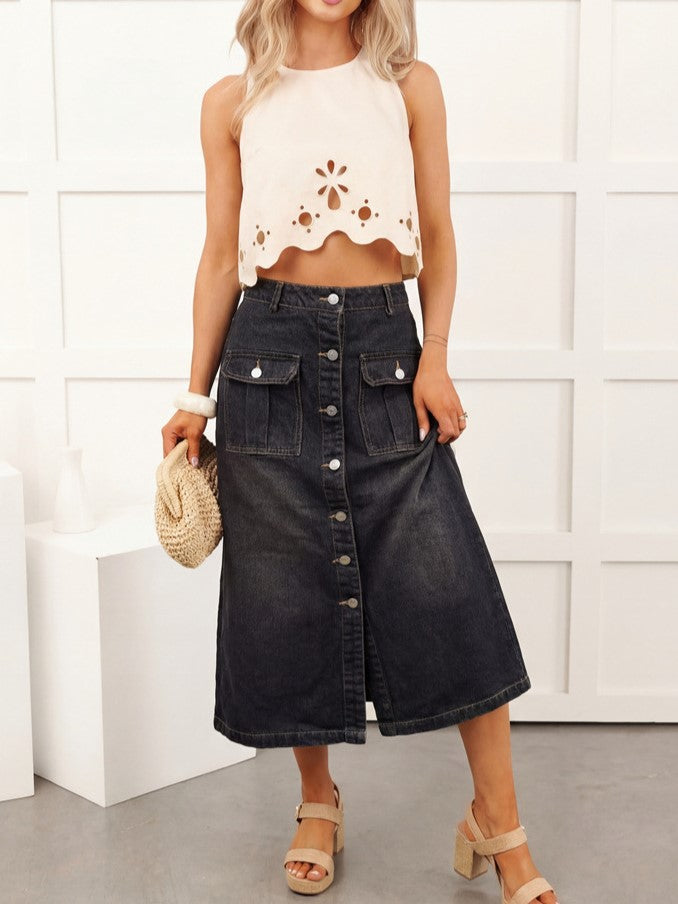 Button Front Denim Midi Skirt With Pockets - Black - 1